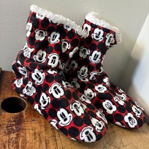 Disney Cozy Fleece Slipper Boots Red Black White Mickey Mouse print see pix